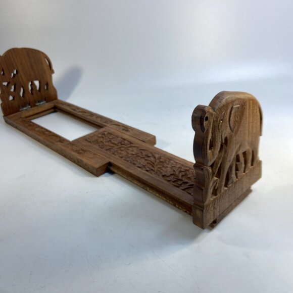 Expandable Book Ends Elephant Design Ornate Carved Wood Sliding India Library - Picture 5 of 8